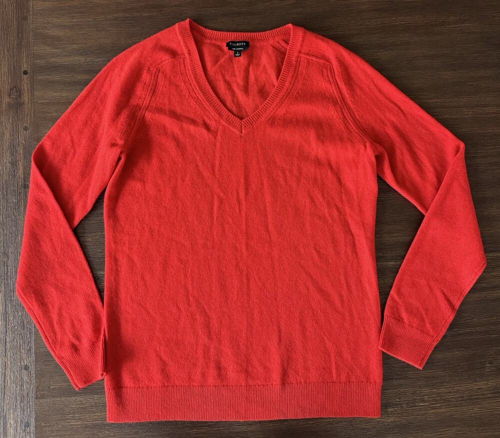 100% Cashmere Sweater Poppy Red Womens Small V Neck Pure Cashmere Luxury Talbots